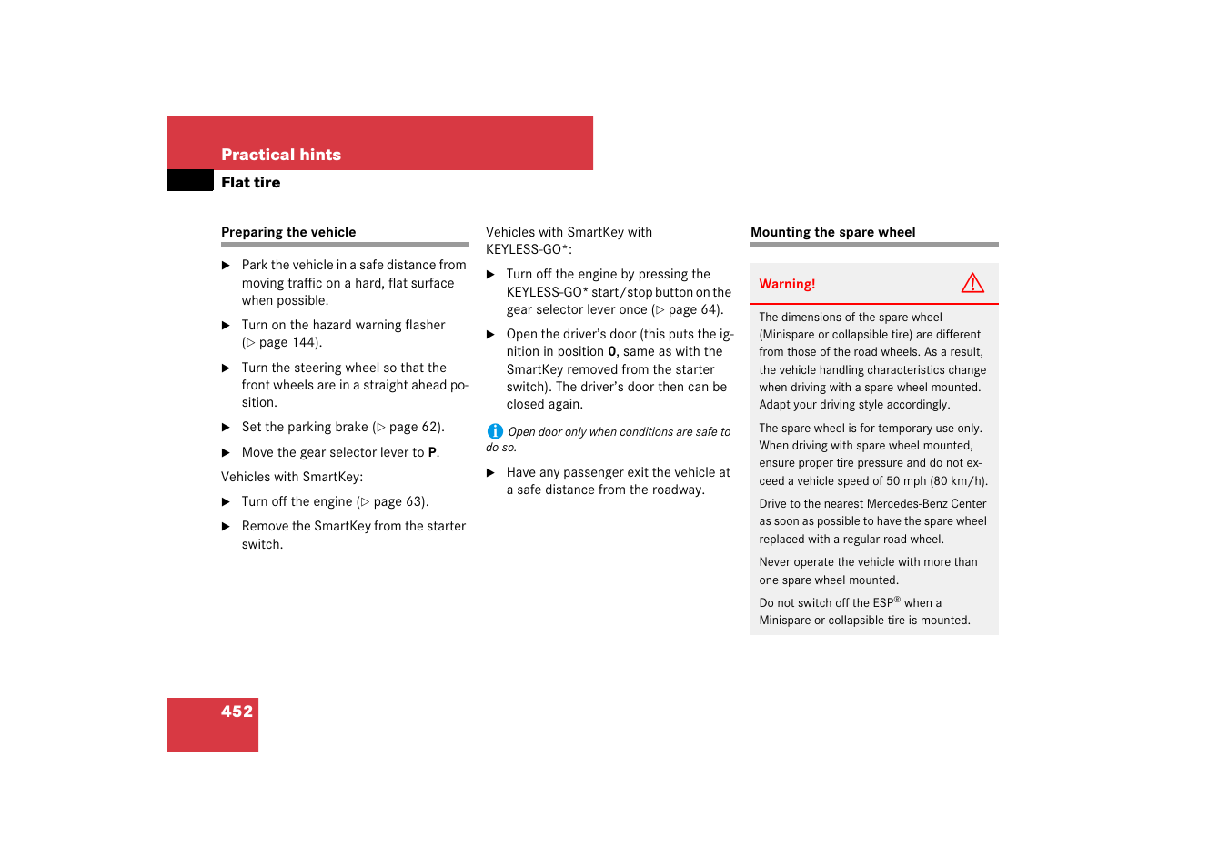 Flat tire:preparing the vehicle, Flat tire, Preparing the vehicle mounting the spare wheel | Wheel, Ary, change the wheel | Mercedes-Benz E-Class 2007 Owners Manual User Manual | Page 453 / 522