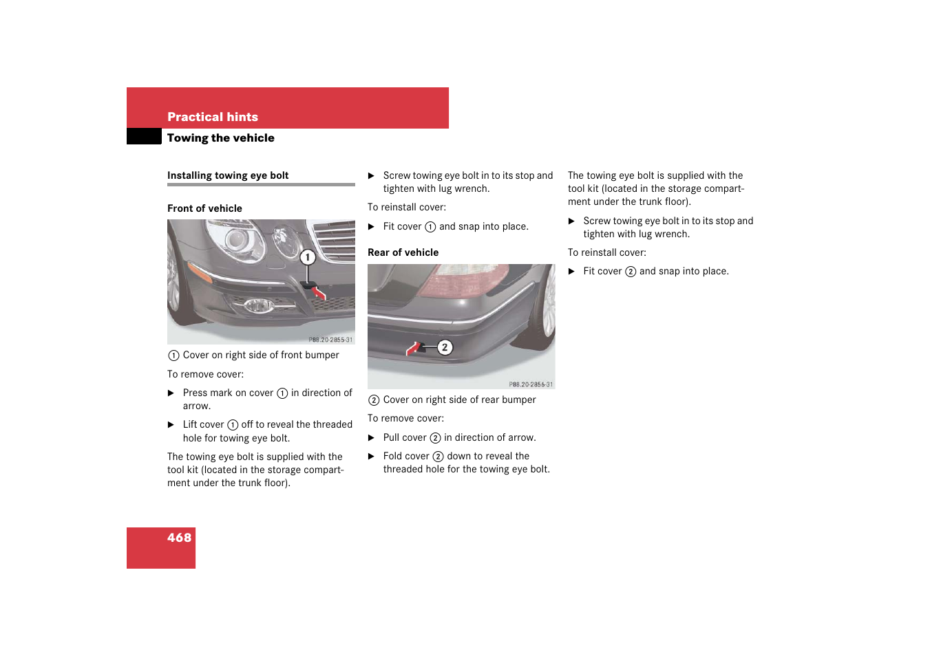 Towing eye bolt, Installing towing eye bolt | Mercedes-Benz E-Class 2007 Owners Manual User Manual | Page 469 / 522