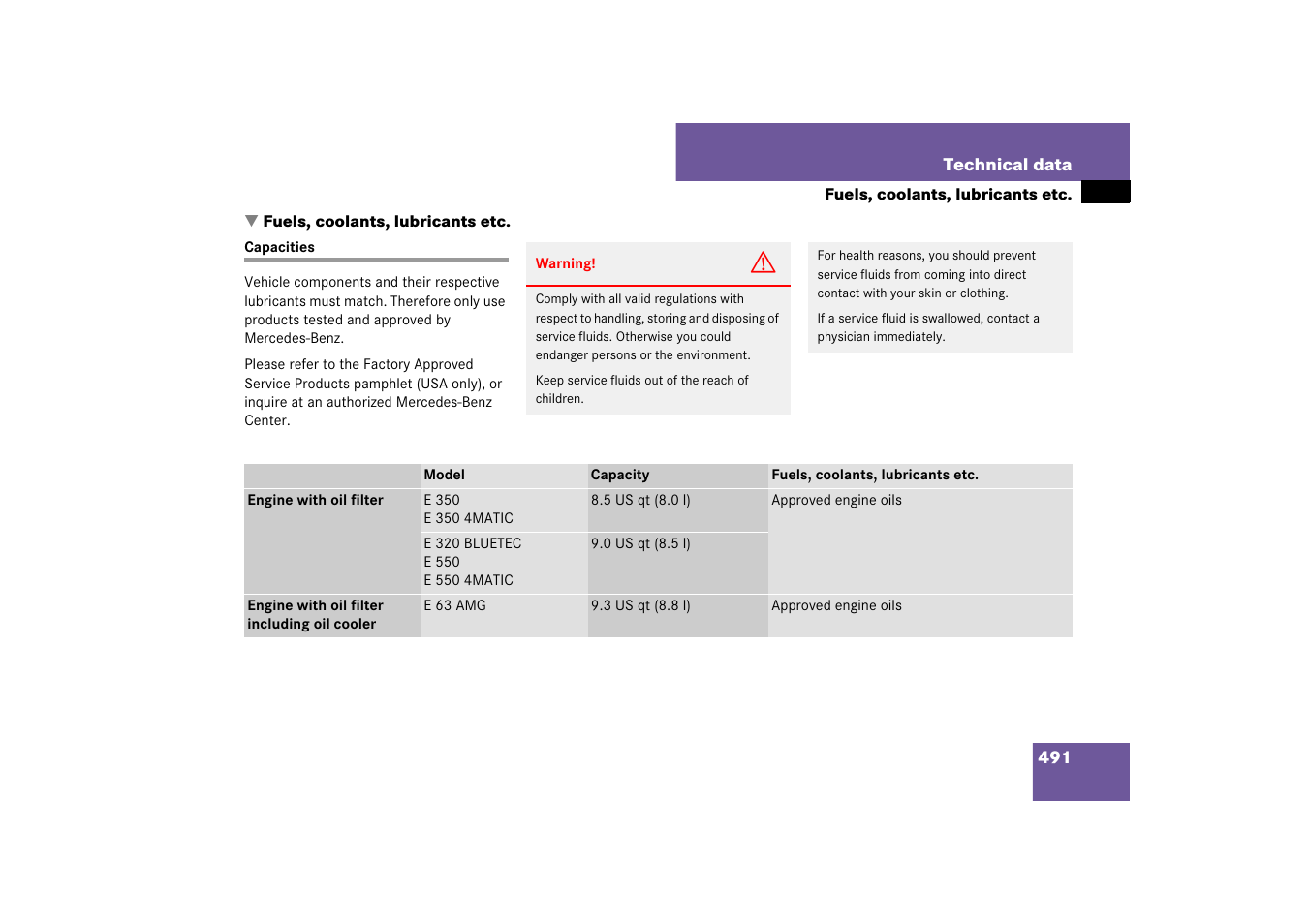 Fuels, coolants, lubricants etc, Capacities, D, see “fuels, coolants, lubricants etc | And see “fuels, coolants, lubricants etc, L, see “fuels, coolants, lubricants etc | Mercedes-Benz E-Class 2007 Owners Manual User Manual | Page 492 / 522