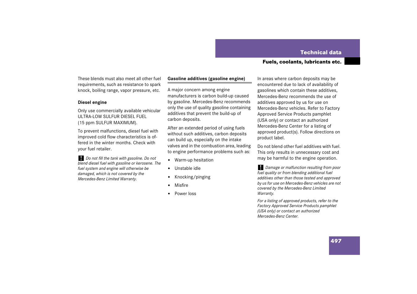 Gasoline additives (gasoline engine) | Mercedes-Benz E-Class 2007 Owners Manual User Manual | Page 498 / 522