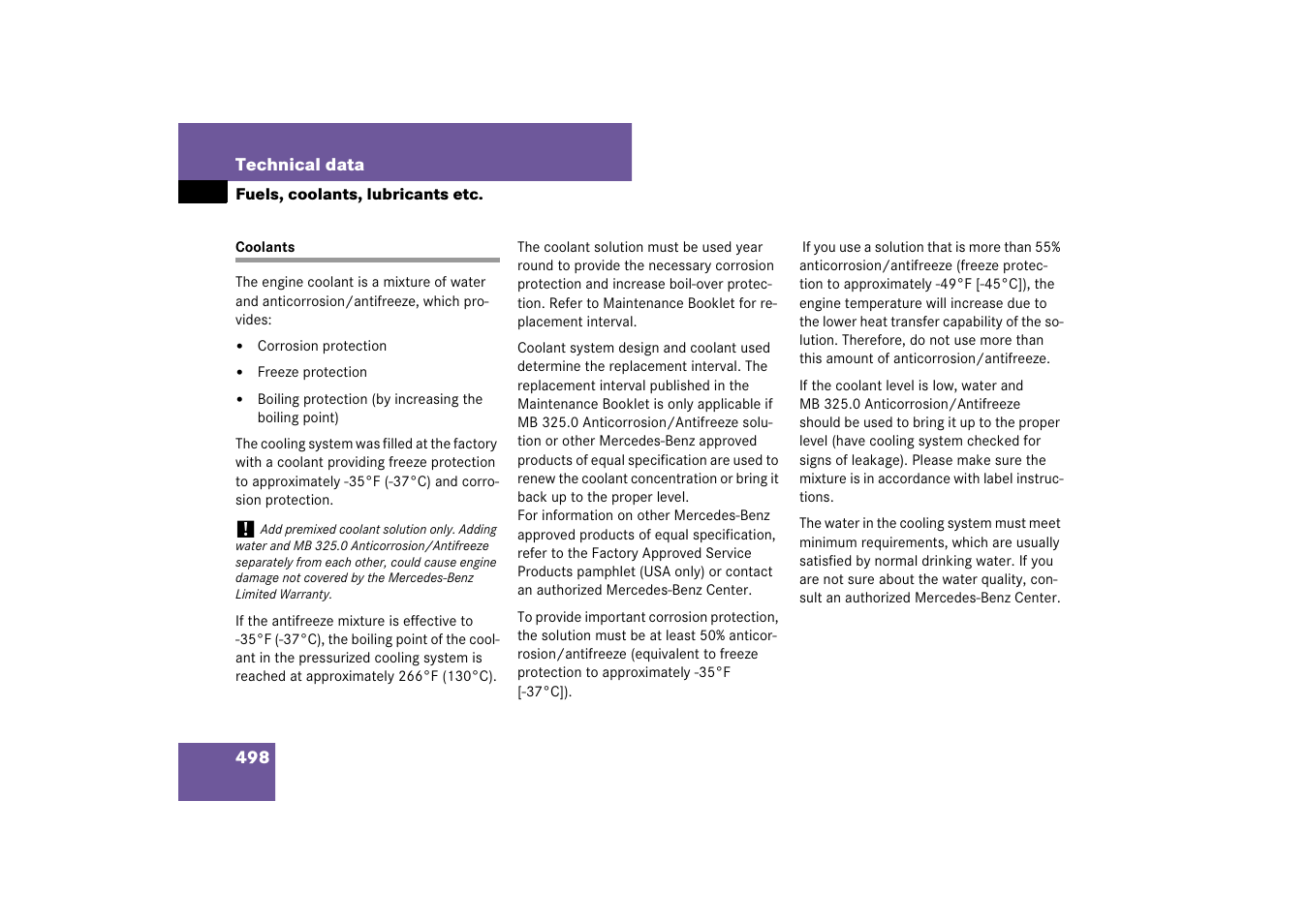 Technical data:coolant, Coolants | Mercedes-Benz E-Class 2007 Owners Manual User Manual | Page 499 / 522