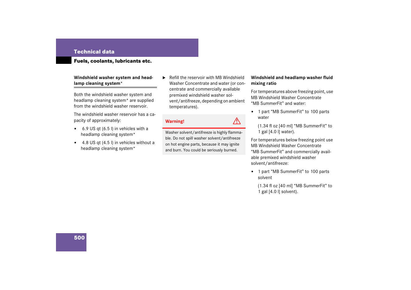Washer reservoir level;windshield washer system | Mercedes-Benz E-Class 2007 Owners Manual User Manual | Page 501 / 522