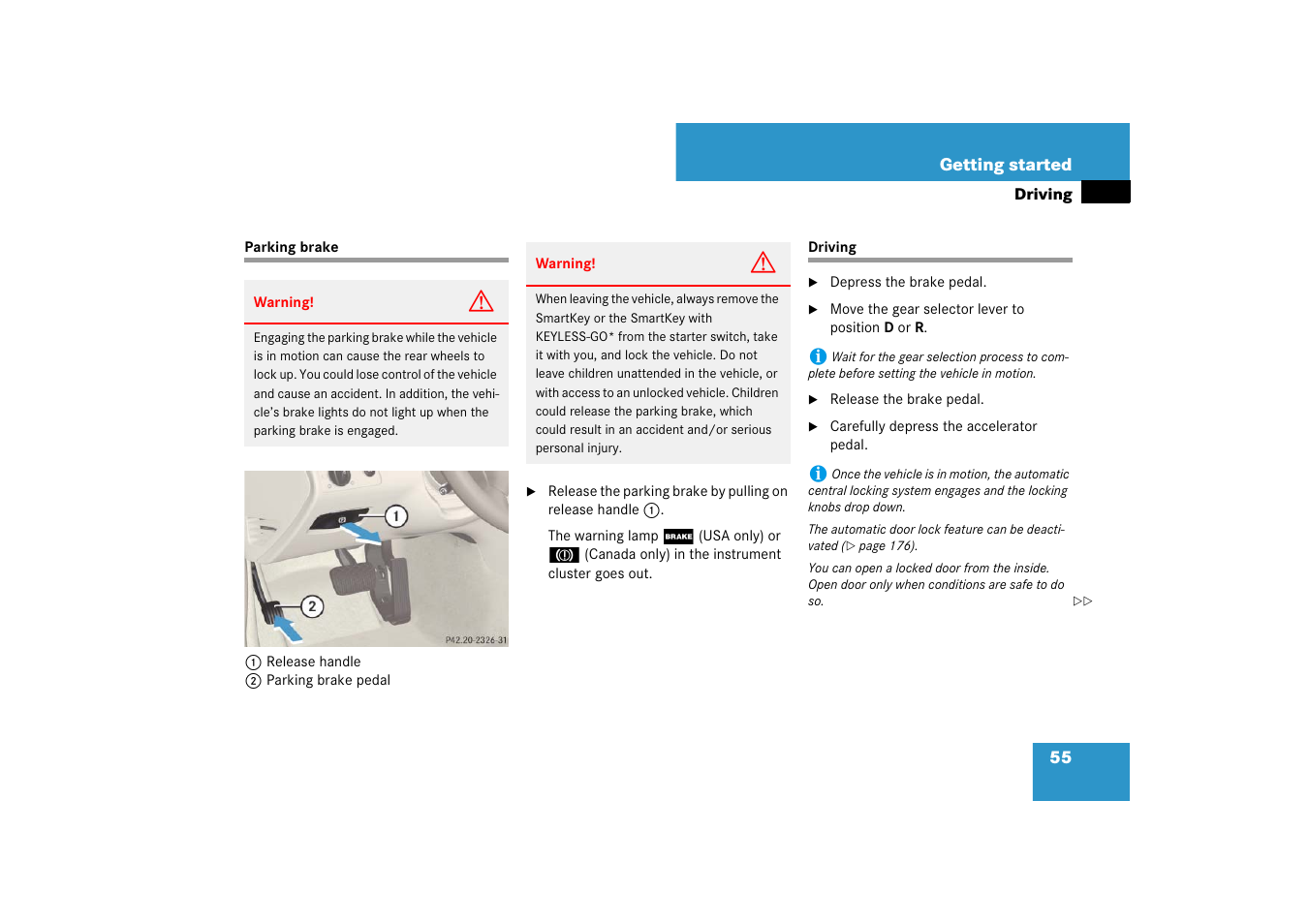 Parking brake, Driving, Parking brake driving | Mercedes-Benz E-Class 2007 Owners Manual User Manual | Page 56 / 522
