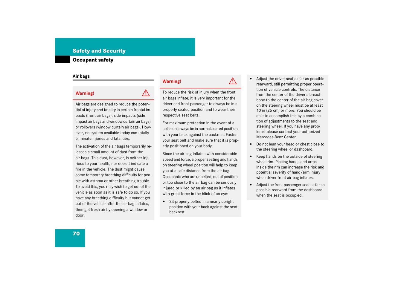 Air bags;occupant safety:air bags, Air bags | Mercedes-Benz E-Class 2007 Owners Manual User Manual | Page 71 / 522