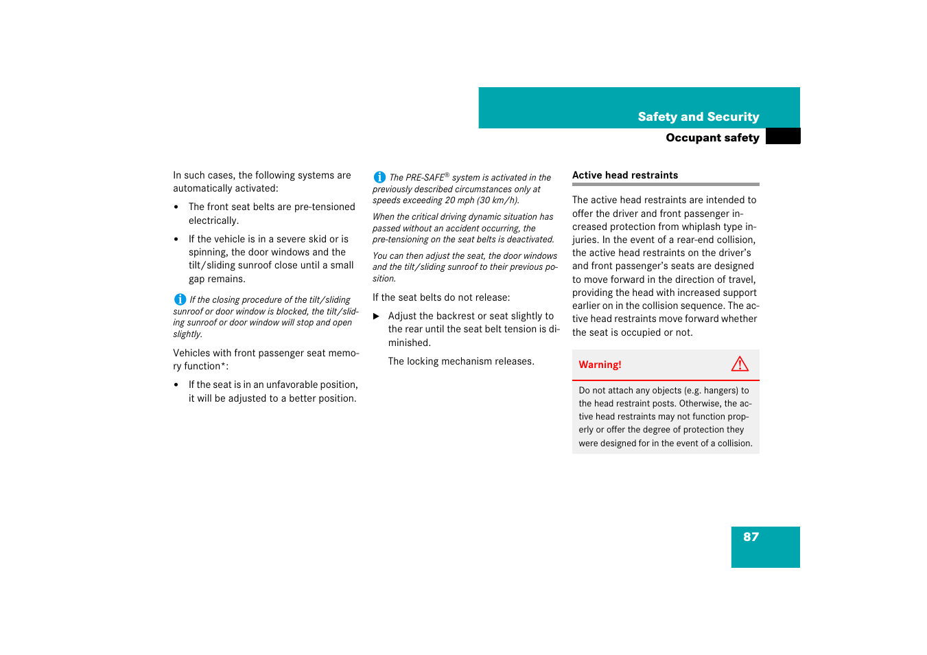 Active head restraints, Raints | Mercedes-Benz E-Class 2007 Owners Manual User Manual | Page 88 / 522