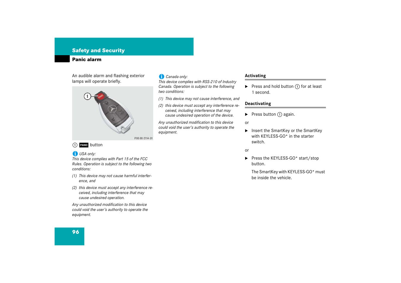 Panic alarm, Activating, Deactivating | Activating deactivating, Panic button | Mercedes-Benz E-Class 2007 Owners Manual User Manual | Page 97 / 522