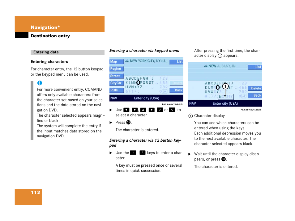 Destination entry, Entering data | Mercedes-Benz E-Wagon 2007 COMAND Manual User Manual | Page 113 / 187