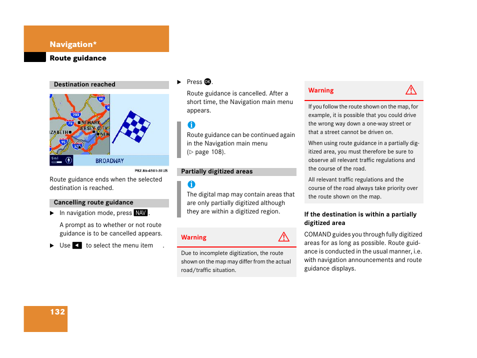 Destination reached, Cancelling route guidance, Partially digitized areas | To be cancelled, Interrupted | Mercedes-Benz E-Wagon 2007 COMAND Manual User Manual | Page 133 / 187