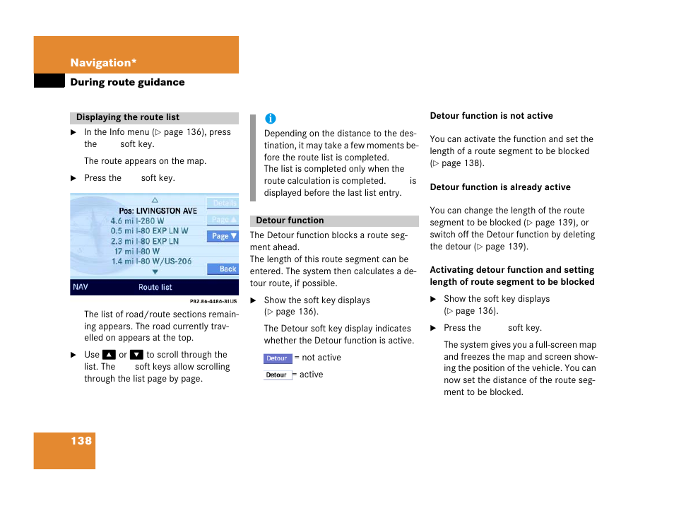Displaying the route list, Detour function, Displaying the route list detour function | Mercedes-Benz E-Wagon 2007 COMAND Manual User Manual | Page 139 / 187