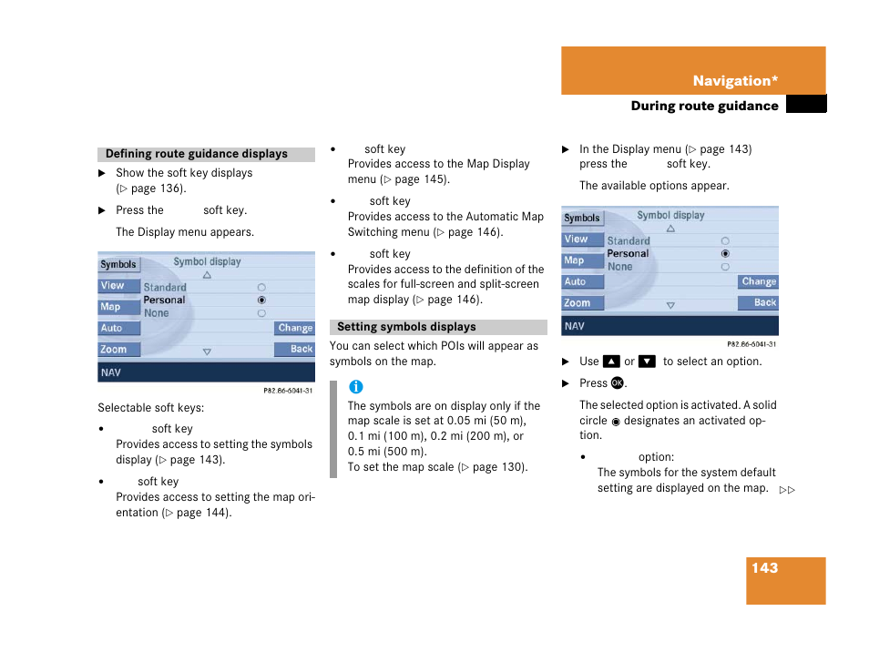 Defining route guidance displays, Setting symbols displays, Display | As symbols on the map, 143 navigation | Mercedes-Benz E-Wagon 2007 COMAND Manual User Manual | Page 144 / 187