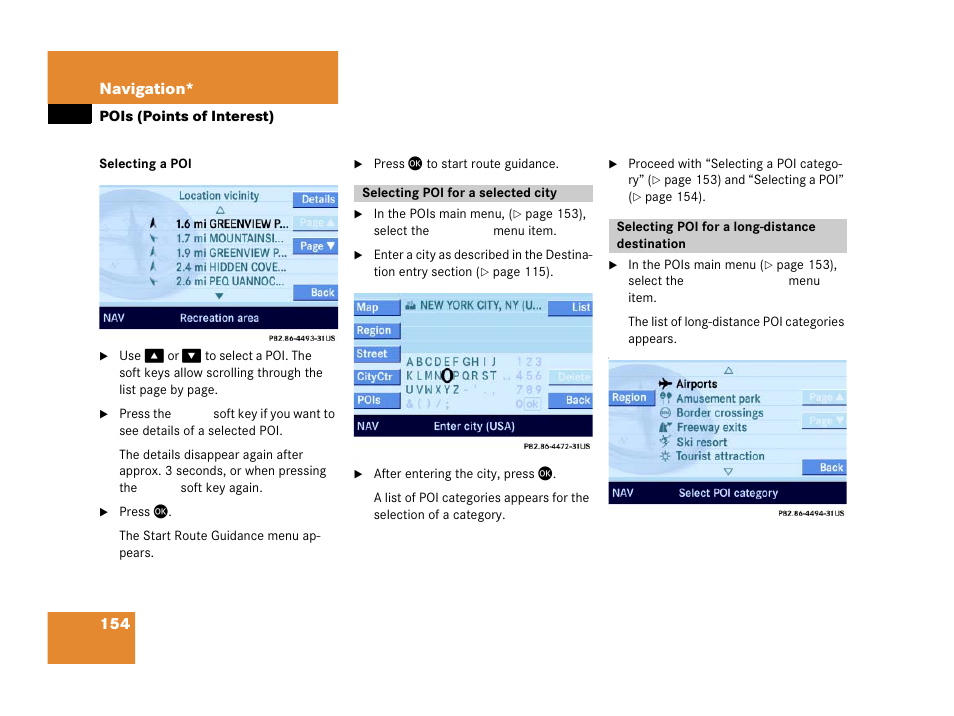 Selecting poi for a selected city, Selecting poi for a long-distance destination, Selected | 154 navigation | Mercedes-Benz E-Wagon 2007 COMAND Manual User Manual | Page 155 / 187