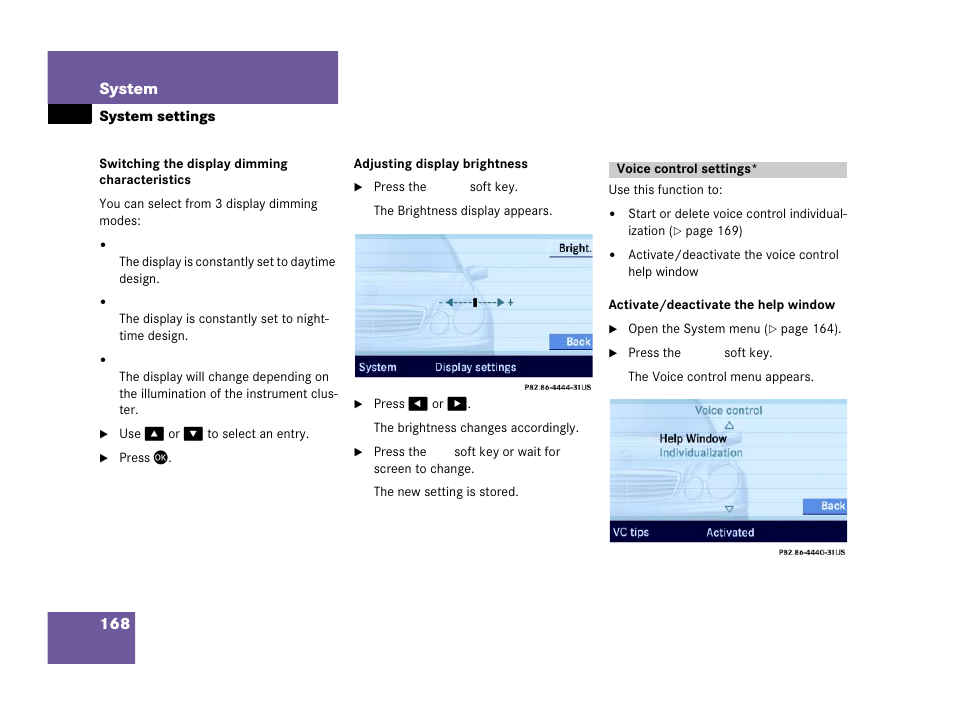 Voice control settings, Play brightness, 168 system | Mercedes-Benz E-Wagon 2007 COMAND Manual User Manual | Page 169 / 187