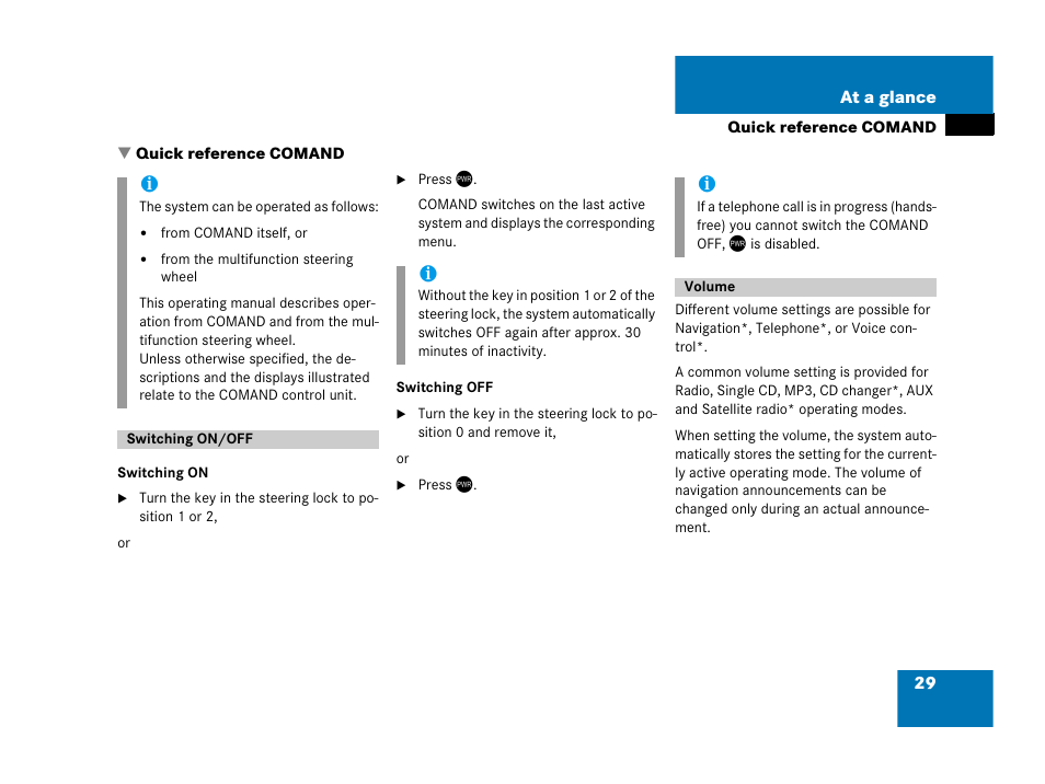 Quick reference comand, Switching on/off, Volume | Switching on/off volume | Mercedes-Benz E-Wagon 2007 COMAND Manual User Manual | Page 30 / 187