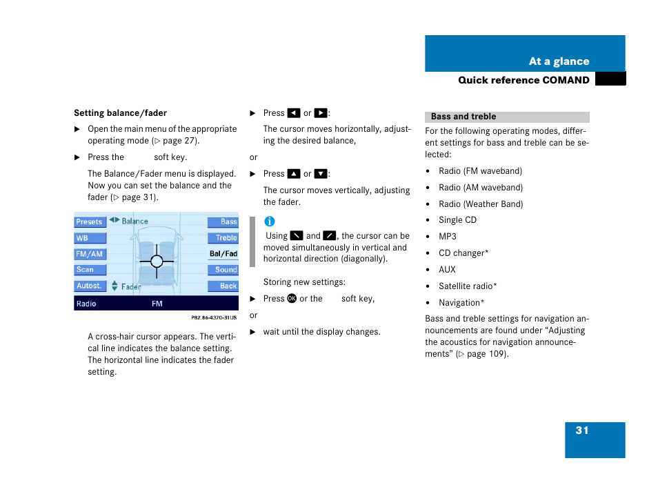 Bass and treble, 31 at a glance | Mercedes-Benz E-Wagon 2007 COMAND Manual User Manual | Page 32 / 187