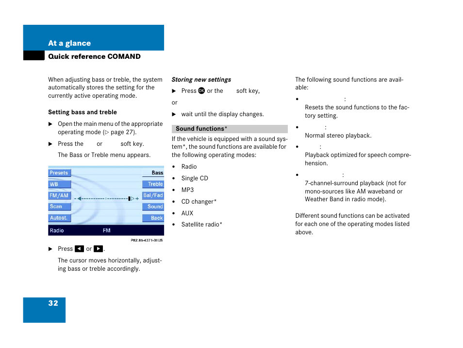 Sound functions, 32 at a glance | Mercedes-Benz E-Wagon 2007 COMAND Manual User Manual | Page 33 / 187