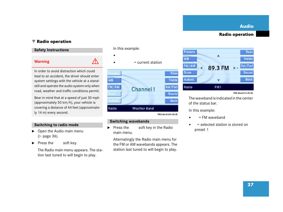 Radio operation, Safety instructions, Switching to radio mode | Switching wavebands | Mercedes-Benz E-Wagon 2007 COMAND Manual User Manual | Page 38 / 187