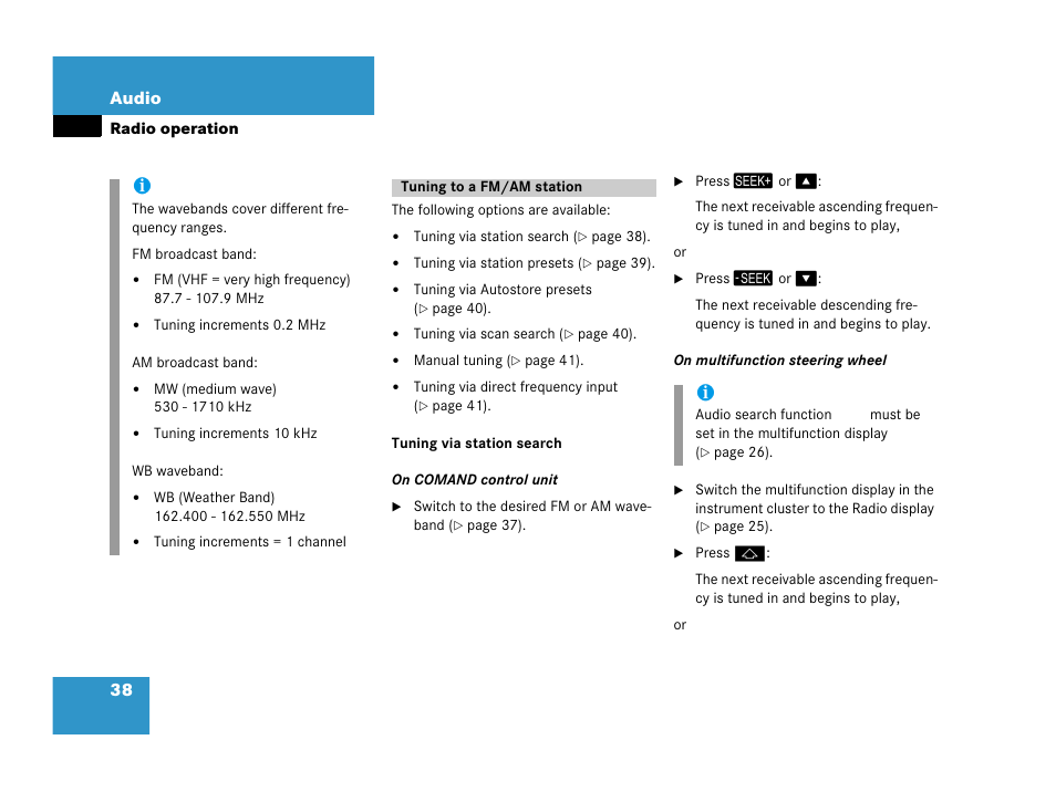Tuning to a fm/am station, Search, 38 audio | Mercedes-Benz E-Wagon 2007 COMAND Manual User Manual | Page 39 / 187