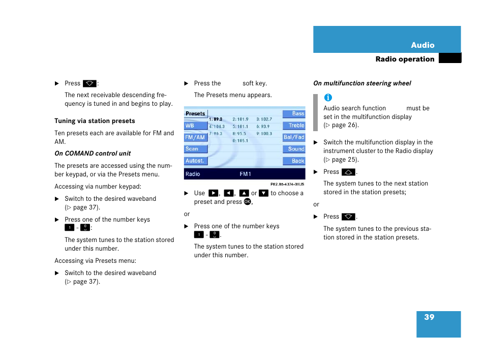 Presets, Tuning via station presets | Mercedes-Benz E-Wagon 2007 COMAND Manual User Manual | Page 40 / 187