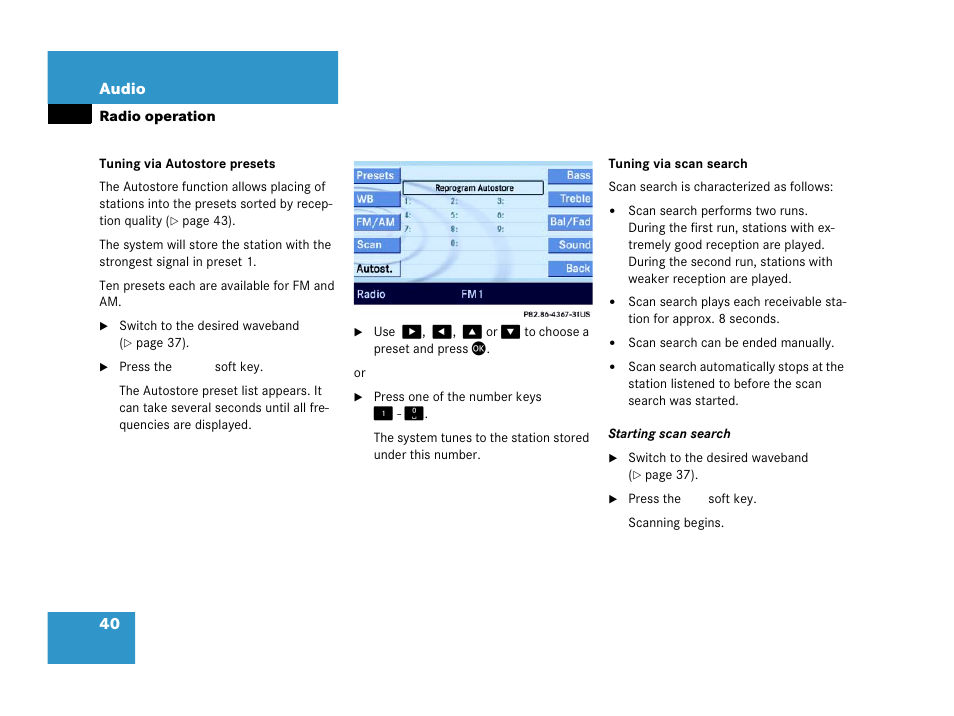 Tuning via autostore presets, Tuning via scan search, 40 audio | Mercedes-Benz E-Wagon 2007 COMAND Manual User Manual | Page 41 / 187