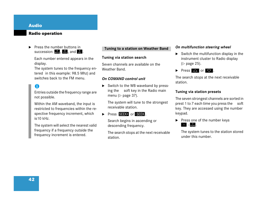 Tuning to a station on weather band | Mercedes-Benz E-Wagon 2007 COMAND Manual User Manual | Page 43 / 187