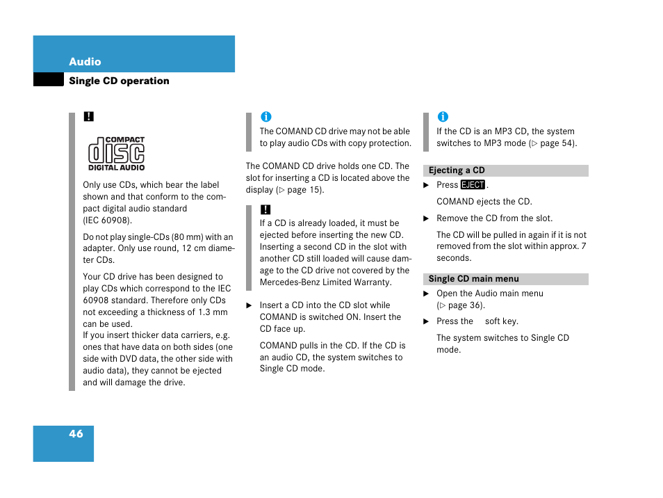Ejecting a cd, Single cd main menu, Ejecting a cd single cd main menu | N menu | Mercedes-Benz E-Wagon 2007 COMAND Manual User Manual | Page 47 / 187