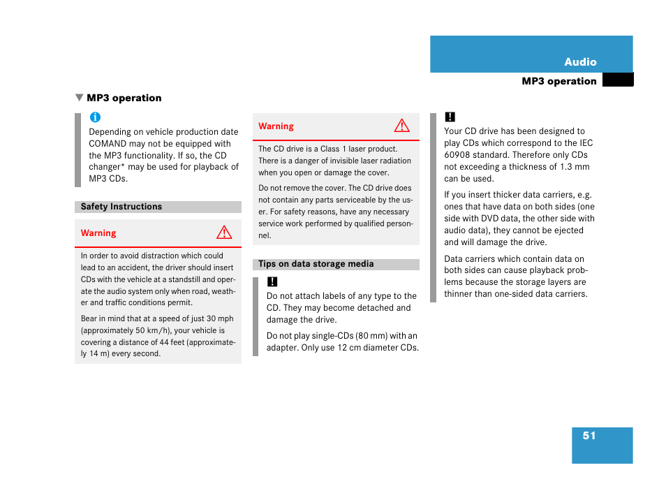 Mp3 operation, Safety instructions, Tips on data storage media | Safety instructions tips on data storage media | Mercedes-Benz E-Wagon 2007 COMAND Manual User Manual | Page 52 / 187