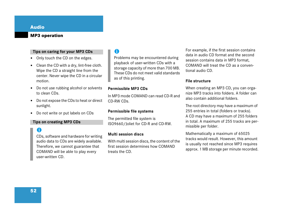 Tips on caring for your mp3 cds, Tips on creating mp3 cds | Mercedes-Benz E-Wagon 2007 COMAND Manual User Manual | Page 53 / 187