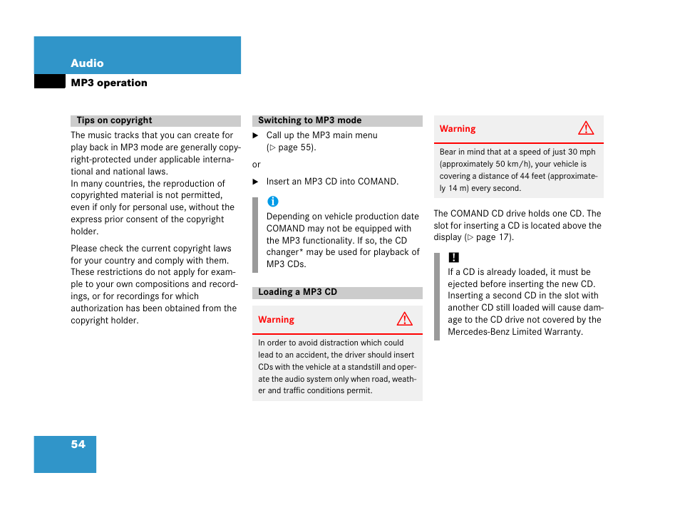 Tips on copyright, Switching to mp3 mode, Loading a mp3 cd | Switches to mp3 mode | Mercedes-Benz E-Wagon 2007 COMAND Manual User Manual | Page 55 / 187