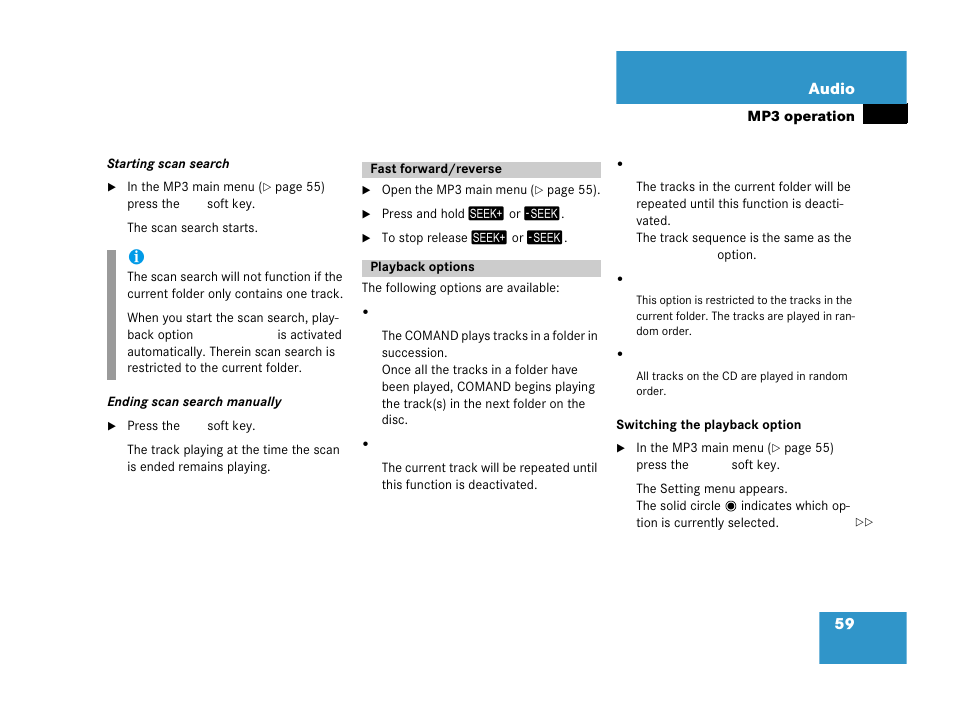 Fast forward/reverse, Playback options, Fast forward/reverse playback options | Mercedes-Benz E-Wagon 2007 COMAND Manual User Manual | Page 60 / 187