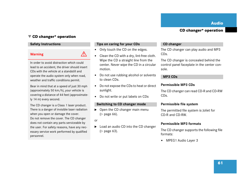 Cd changer* operation, Safety instructions, Tips on caring for your cds | Switching to cd changer mode, Mp3 cds | Mercedes-Benz E-Wagon 2007 COMAND Manual User Manual | Page 62 / 187