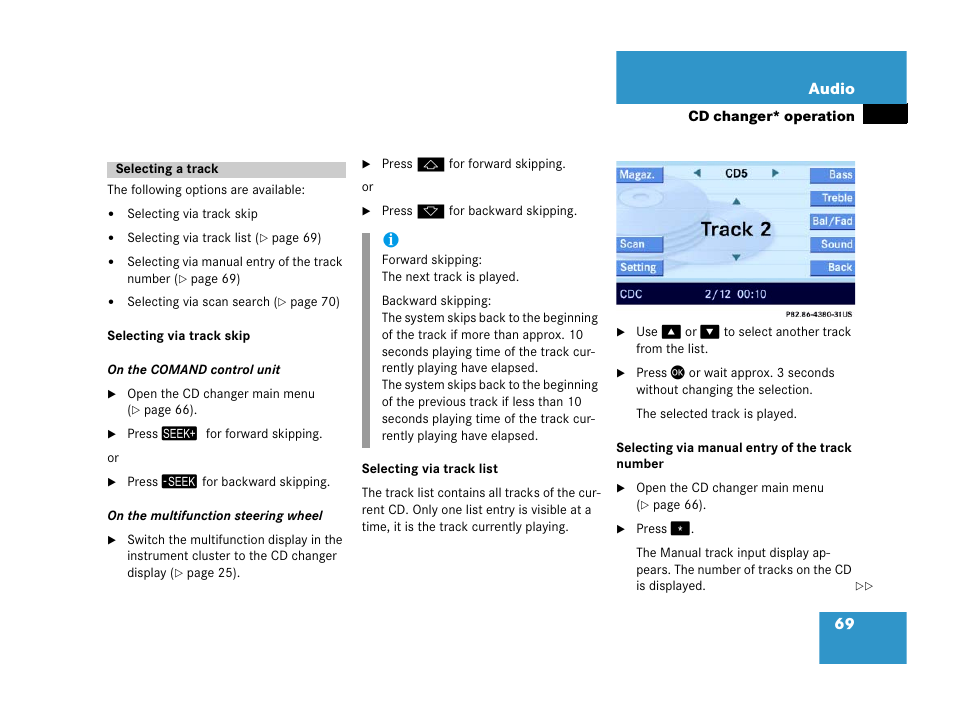 Selecting a track, Selecting via track skip, Selecting via track list | Selecting via manual entry of the track number, 69 audio | Mercedes-Benz E-Wagon 2007 COMAND Manual User Manual | Page 70 / 187