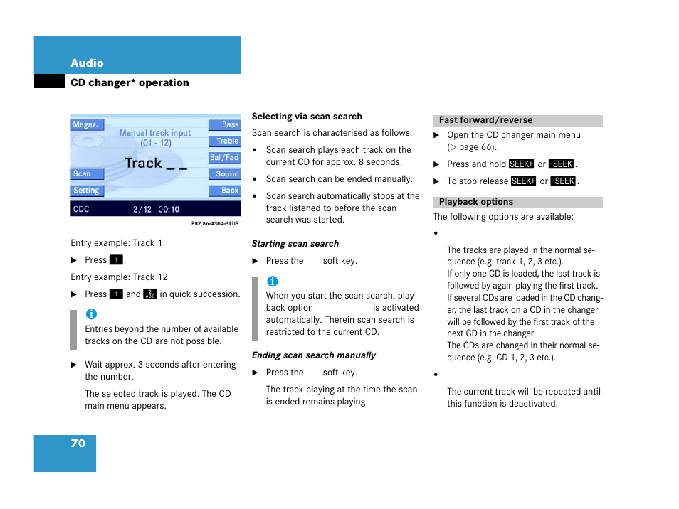 Fast forward/reverse, Playback options, Fast forward/reverse playback options | Selecting via scan search | Mercedes-Benz E-Wagon 2007 COMAND Manual User Manual | Page 71 / 187
