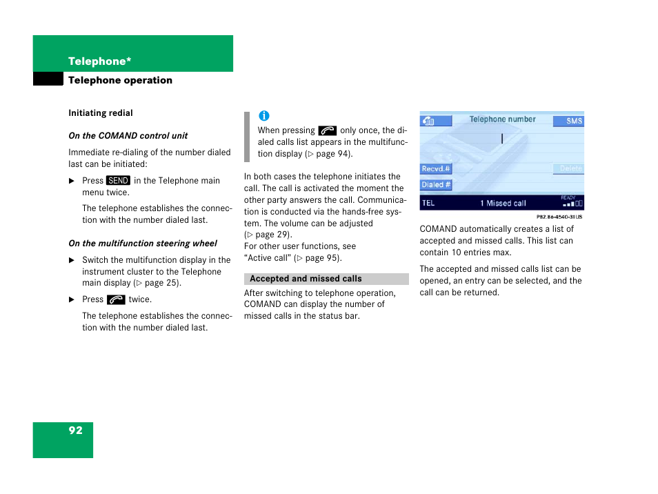Accepted and missed calls, Ting redial | Mercedes-Benz E-Wagon 2007 COMAND Manual User Manual | Page 93 / 187
