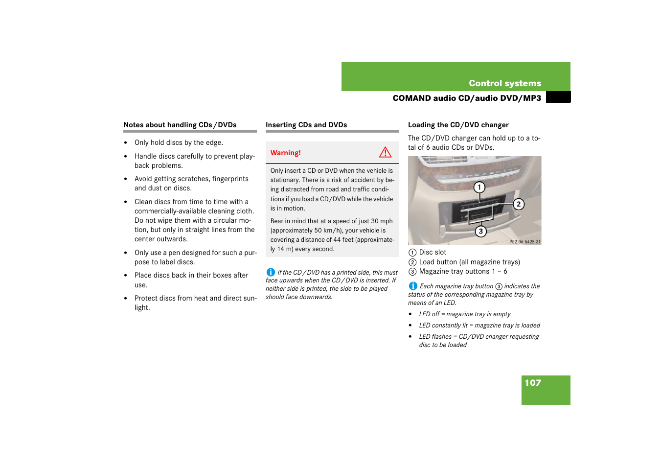 Notes about handling cds/dvds, Cd:loading (comand);dvd:loading (comand), Load cd/dvd | Mercedes-Benz S-Class 2007 User Manual | Page 108 / 705