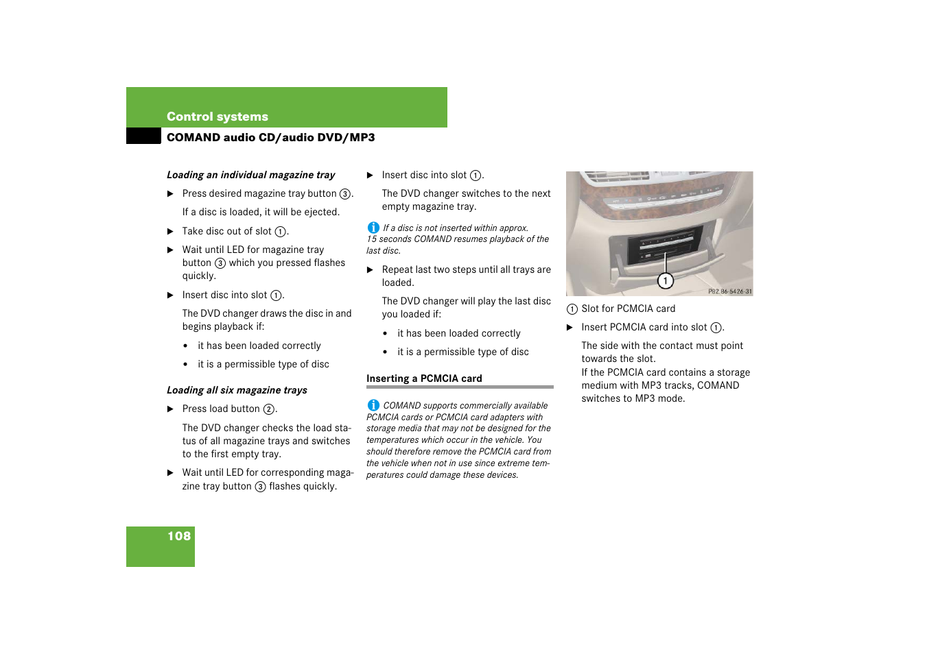 Pcmcia card:loading (comand), Inserting a pcmcia card | Mercedes-Benz S-Class 2007 User Manual | Page 109 / 705