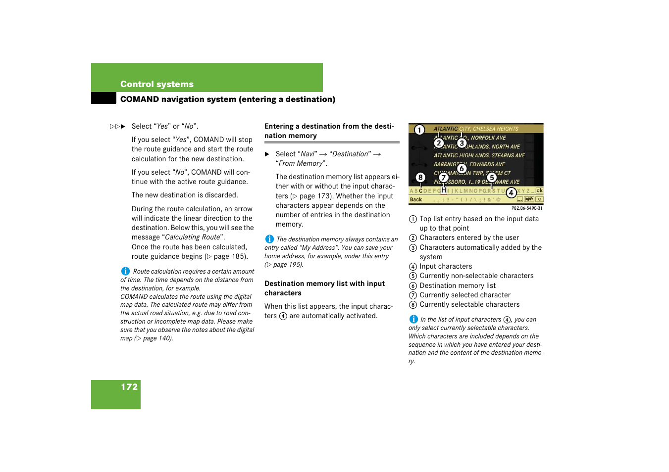 Entering a destination from the destination memory | Mercedes-Benz S-Class 2007 User Manual | Page 173 / 705