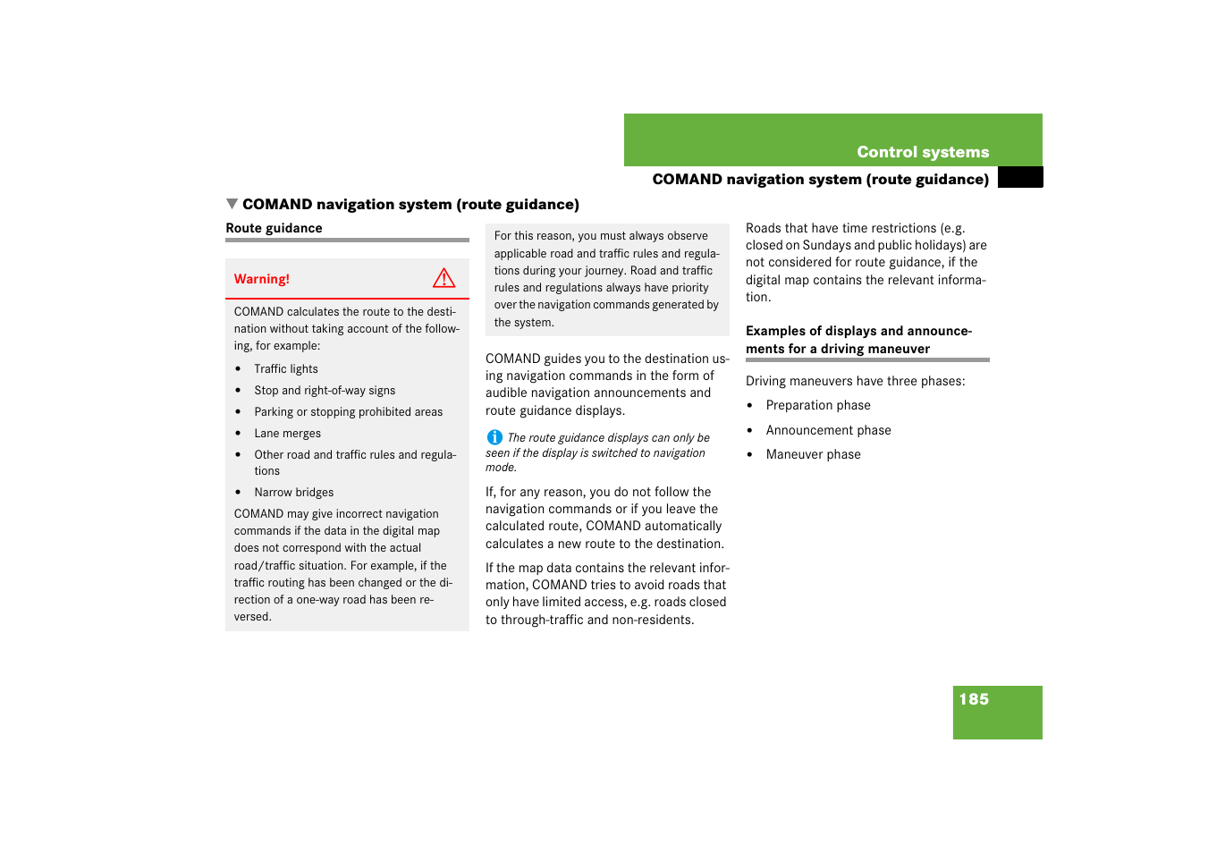 Route guidance, Comand navigation system (route guidance) | Mercedes-Benz S-Class 2007 User Manual | Page 186 / 705