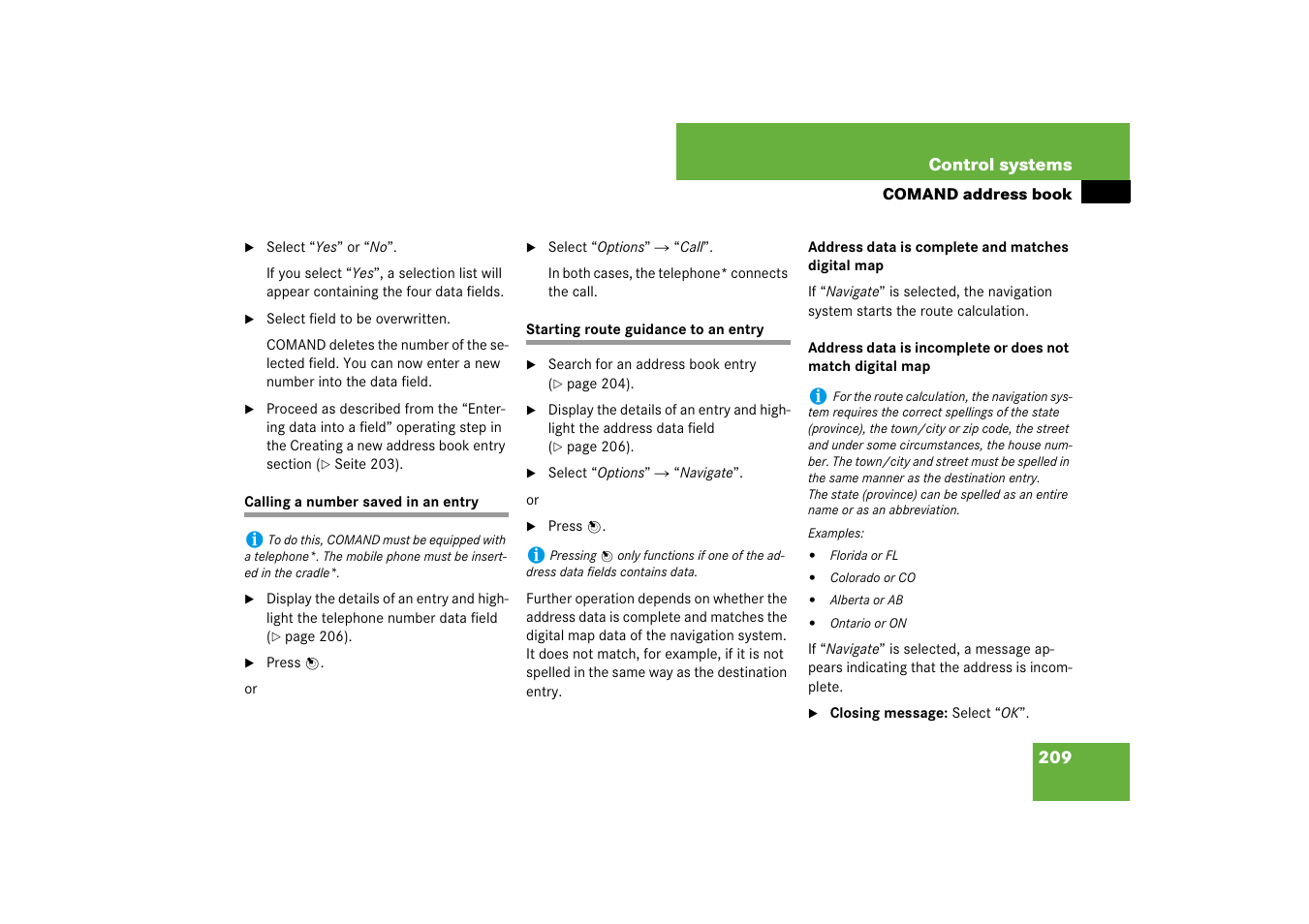 Address book (comand):making a call, Address book (comand):starting route guidance | Mercedes-Benz S-Class 2007 User Manual | Page 210 / 705