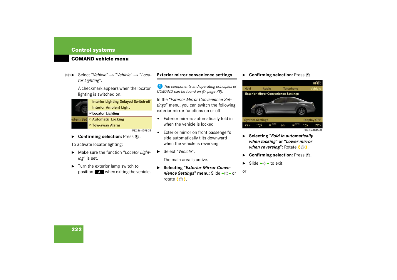 Exterior mirror convenience settings | Mercedes-Benz S-Class 2007 User Manual | Page 223 / 705