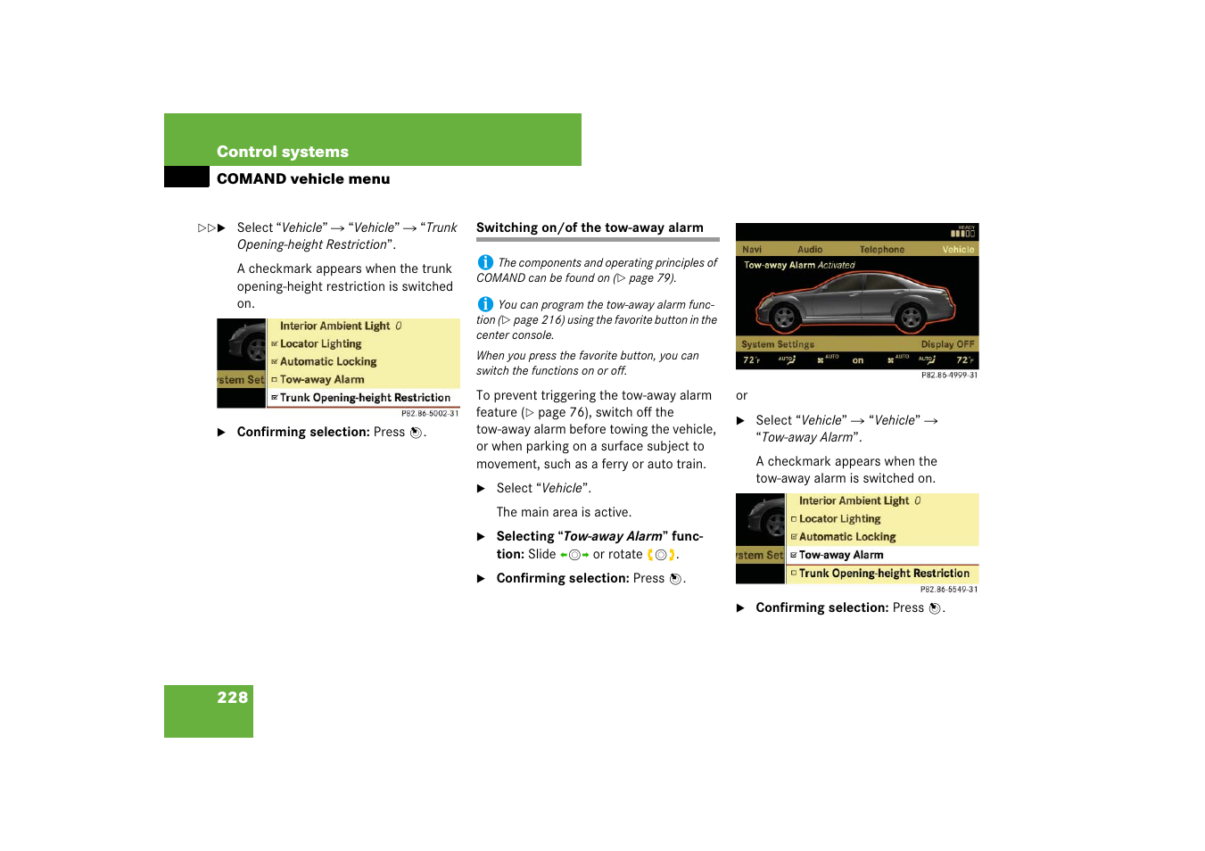 Switching on/of the tow-away alarm, See “switching on/of the tow-away alarm | Mercedes-Benz S-Class 2007 User Manual | Page 229 / 705