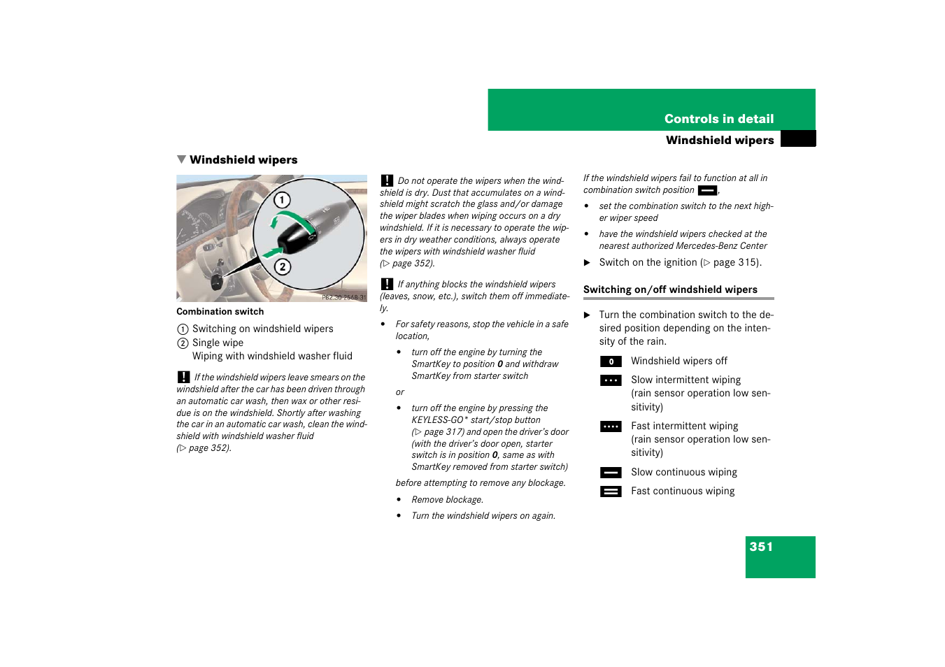 Switching windshield wipers, Windshield wipers, Switching on/off windshield wipers | Mercedes-Benz S-Class 2007 User Manual | Page 352 / 705
