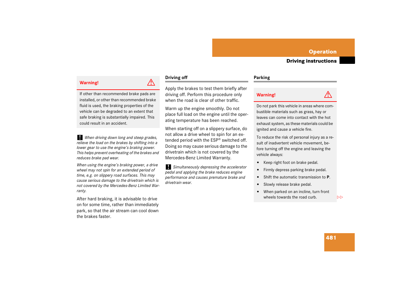 Driving off, Parking, Driving off parking | Mercedes-Benz S-Class 2007 User Manual | Page 482 / 705