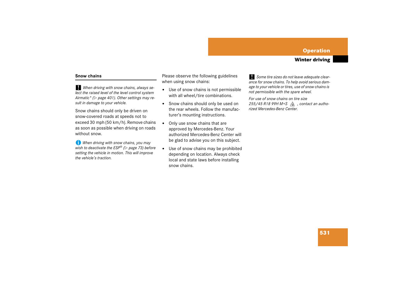 Tires:chains, Snow chains, See “snow chains | Mercedes-Benz S-Class 2007 User Manual | Page 532 / 705