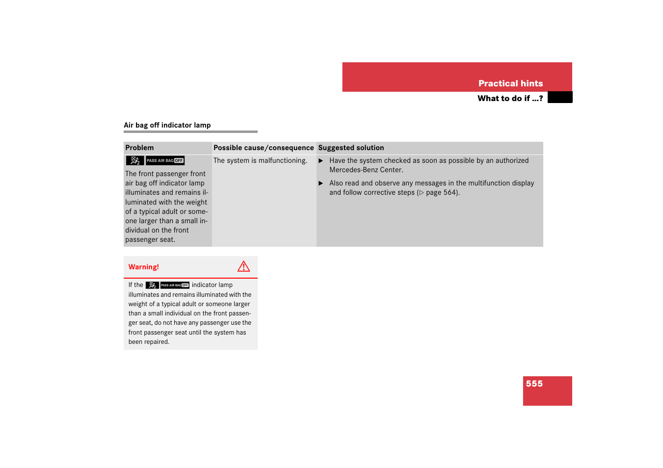 Air bag off indicator lamp | Mercedes-Benz S-Class 2007 User Manual | Page 556 / 705