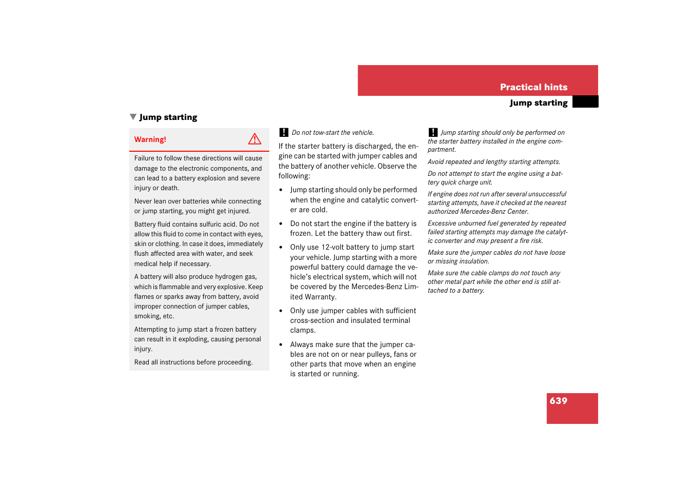 Jump starting, Start | Mercedes-Benz S-Class 2007 User Manual | Page 640 / 705