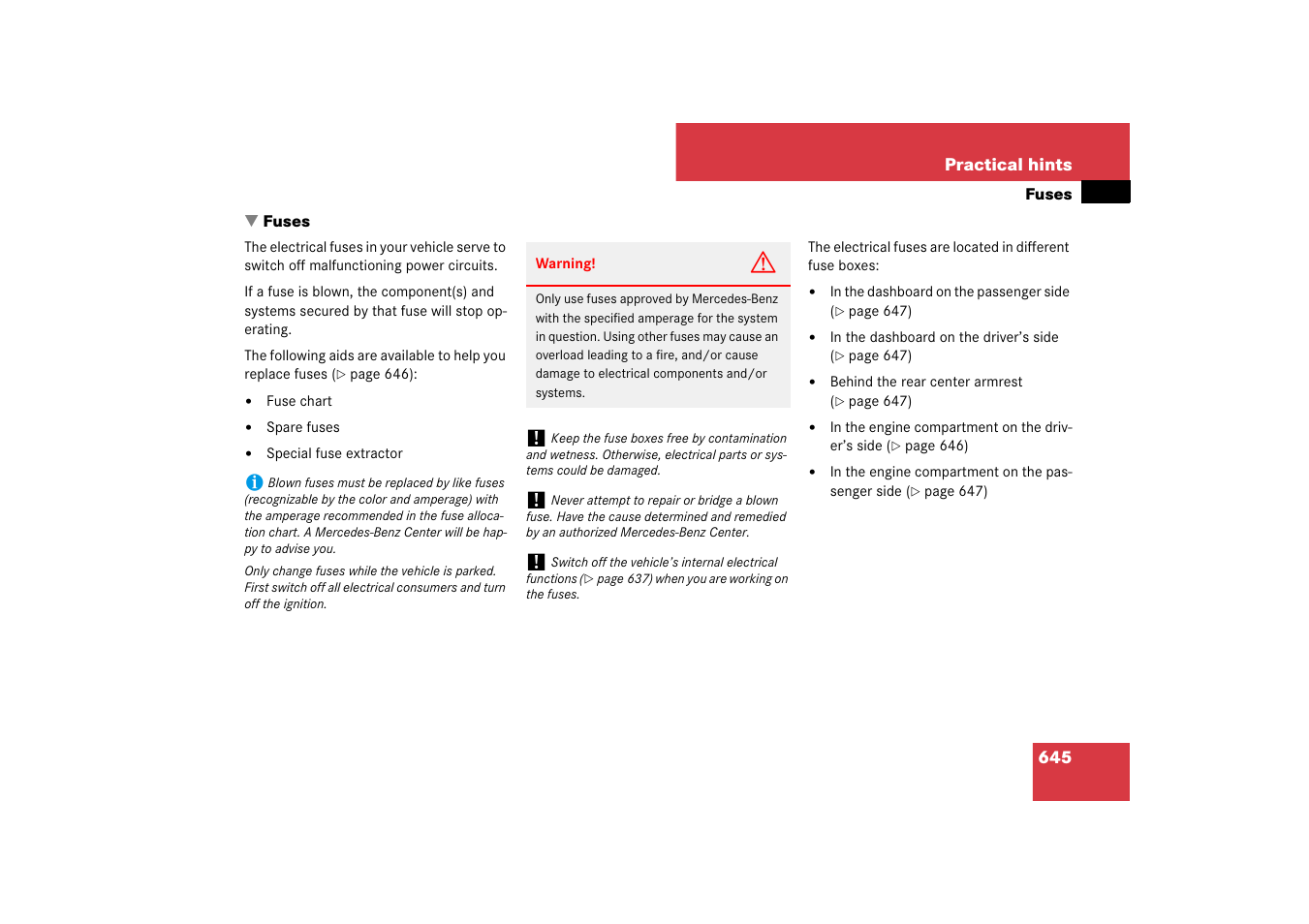 Fuses | Mercedes-Benz S-Class 2007 User Manual | Page 646 / 705