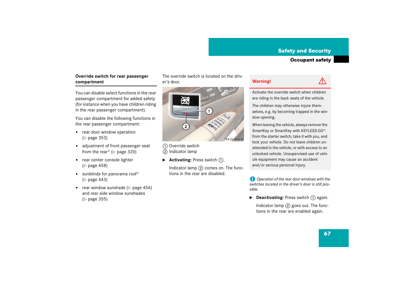 Override switch for rear passenger compartment | Mercedes-Benz S-Class 2007 User Manual | Page 68 / 705