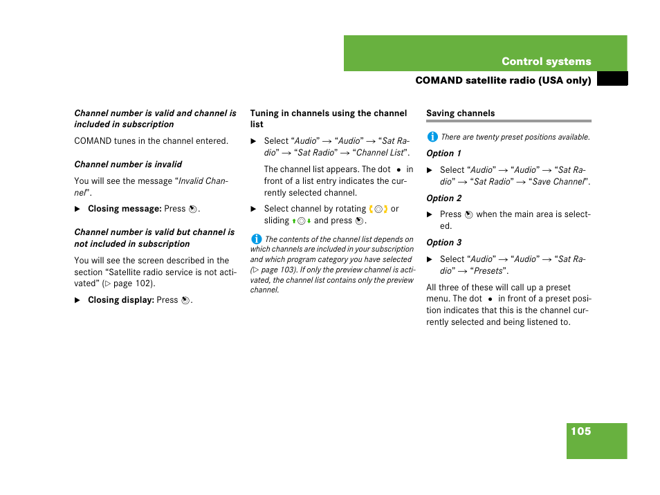 Satellite radio:tuning in channels (comand), Saving channels | Mercedes-Benz CL-Class 2007 User Manual | Page 106 / 723