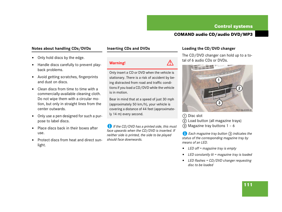 Notes about handling cds/dvds, Cd:loading (comand);dvd:loading (comand) | Mercedes-Benz CL-Class 2007 User Manual | Page 112 / 723
