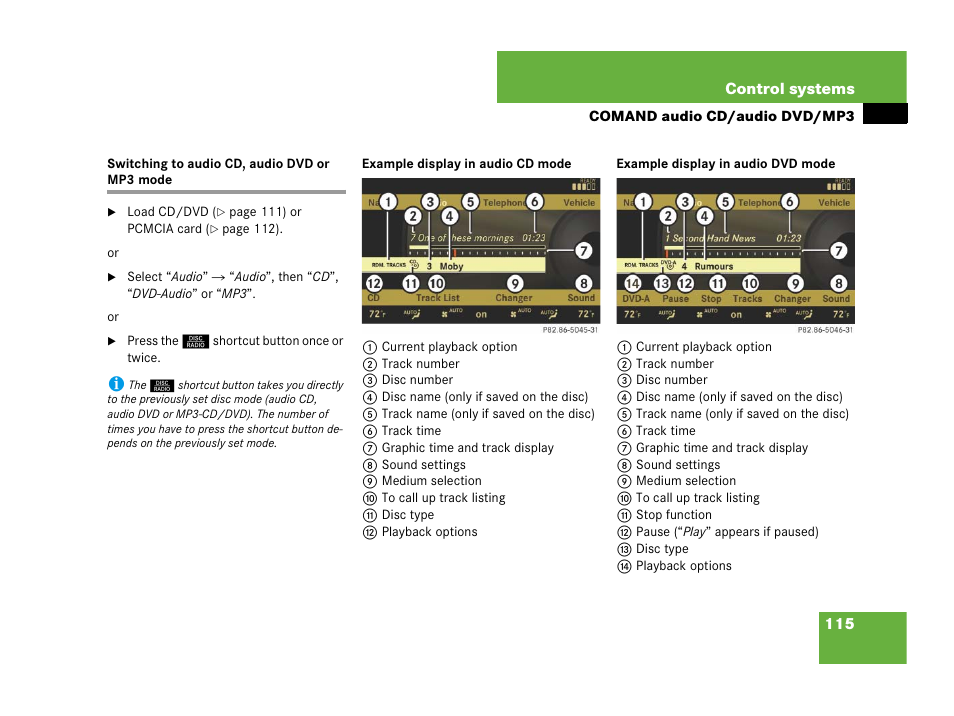 Switching to audio cd, audio dvd or mp3 mode | Mercedes-Benz CL-Class 2007 User Manual | Page 116 / 723